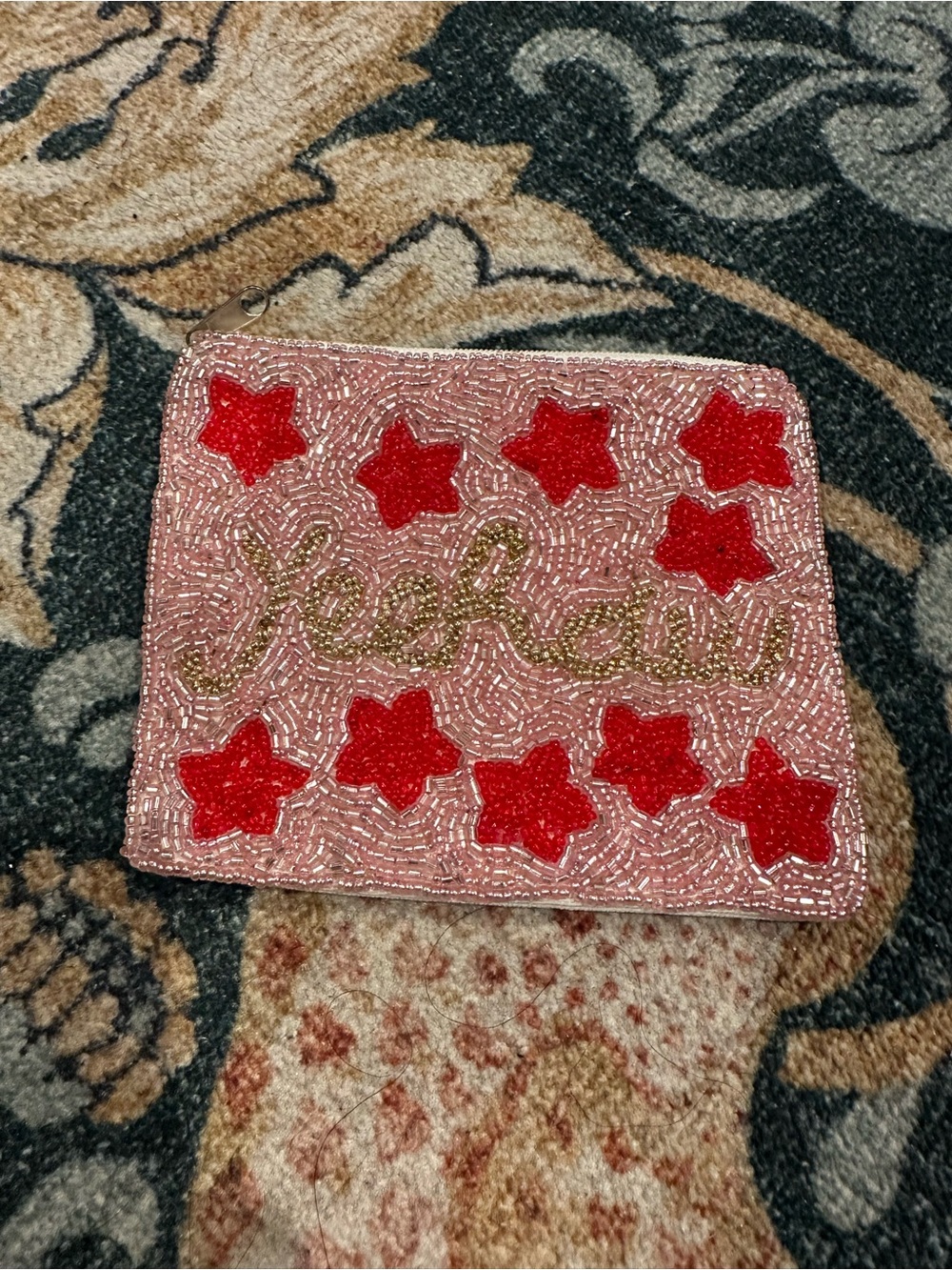 Beaded Pink Star Zip Pouch with Gold Script "Yeehaw"